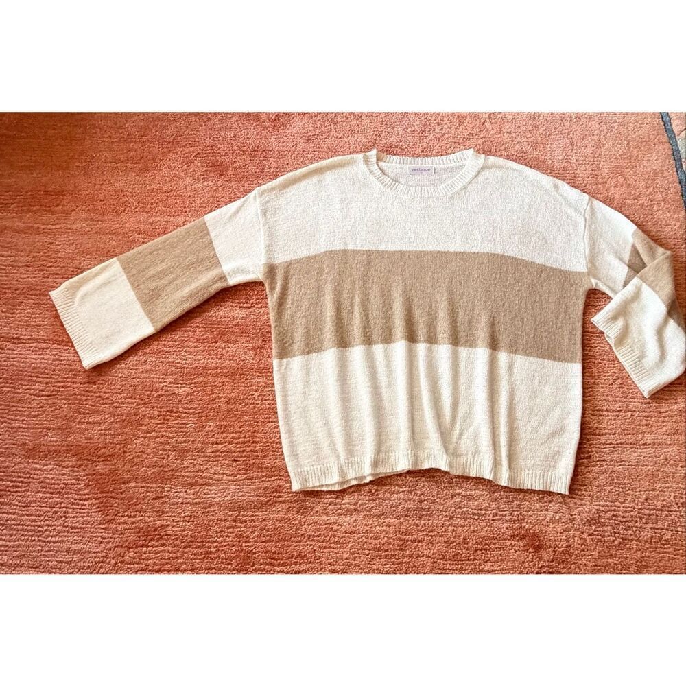 Vestique Striped Knit Sweater Size S Cream Beige Wide Sleeve Soft Cozy